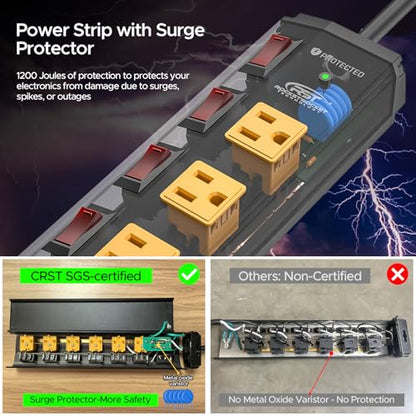 CRST 6 Outlet Metel Power Strip with Individual Switches 15A/1875W, 6FT - color: Yellow and Black, size: 6FT