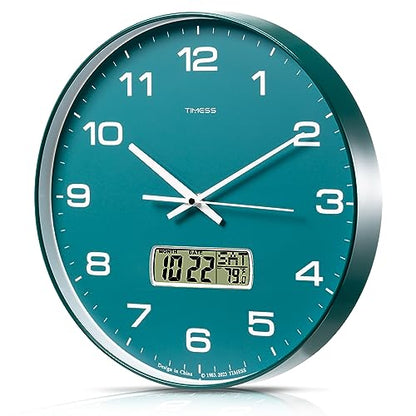 Wall Clock, 14" Large Dial Non-Ticking Silent Battery Operated Analog with LCD Display for Perpetual Calendar and F° Temperature, Ideal Modern Home, Bedroom, Kitchen, Office Decor(Green) | Perpetual calendar, Fahrenheit temperature, easy-to-read analog di