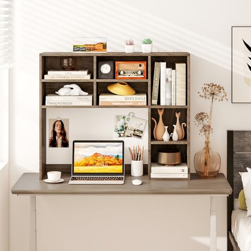LDAILY Desktop Bookshelf, 37’’ Wood Desk Shelf with 7 Cubes & 3 Adjustable Shelves, 3-Tier Desk Display Rack, Desk Hutch for Dorm College Office Computer Monitor Up to 27’’ (Grey Oak, 7 Shelves) - color: Grey Oak, size: 7 Shelves
