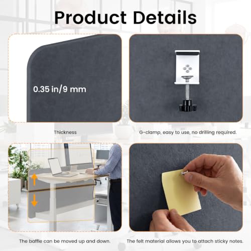Felt Desk Divider, Clamp-On Privacy Panel, 24 x 48 Inch, Dark Gray - color: Dark Gray, size: 24×48 in