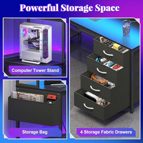 L Shaped Desk with Hutch and Drawers, Gaming Desk with LED Lights ＆ Outlets | Computer Desk with 4 Drawers and Monitor Stand, Corner Desk with Pegboard for Home Office ＆ Gaming, Black