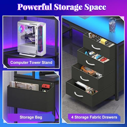 L Shaped Desk with Hutch and Drawers, Gaming Desk with LED Lights ＆ Outlets | Computer Desk with 4 Drawers and Monitor Stand, Corner Desk with Pegboard for Home Office ＆ Gaming, Black