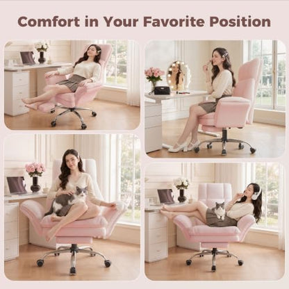 Big and Tall Office Chair, Flip Armrests for Pets & Cross Legged Sitting | Executive Ergonomic Computer Gaming Chair with Foot Rest, Teddy Fleece Wide Seat Reclining Desk Chair, Pink - color: Pink