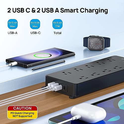 TROND Surge Protector Power Strip 10ft, 4000J + Desk Clamp Power Strip USB C, Surge Protector with 4 AC Outlets 4 USB Ports