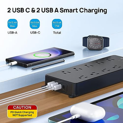 TROND Surge Protector Power Strip 10ft, 4000J + Desk Clamp Power Strip USB C, Surge Protector with 4 AC Outlets 4 USB Ports