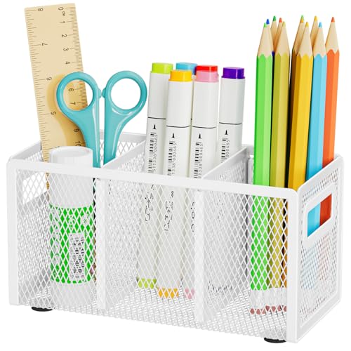 Marbrasse Mesh Pen Holder for Desk, Pencil Holder Desk Organizer 3 Adjustable Compartments, Pencil Cup with Handle Perfect for Classroom, Office, Home, Makeup, Art (White) - color: White