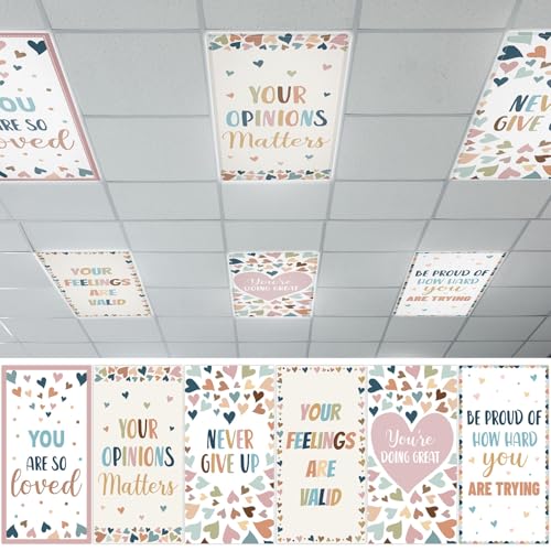 QOUBAI 6 Pcs Fluorescent Light Covers, 4x2 Feet Magnetic Light Cover Fluorescent Lights Shade Panel Positive Inspirational Ceiling Lights Filters for Office Classroom Home Drop Ceiling Boho Heart - color: Boho Heart