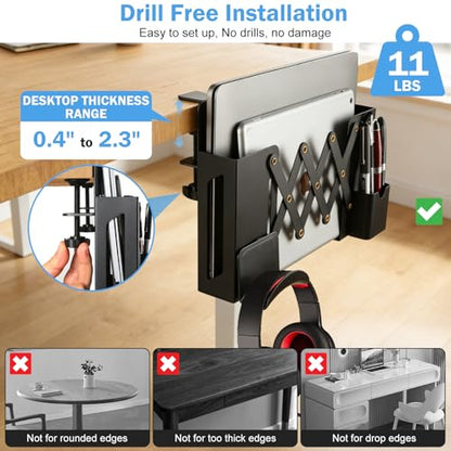 Desk Side Storage，Under Desk Clamp-on Vertical Laptop Holder,7-17 Inch Length Adjustable with Pen & Headphone Holder,No Drill Storage Shelf for Desk，Fits Table Edge 0.4" to 2.3"(Black)