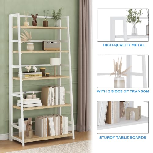 JSB 5 Tier Bookshelf, No Assembly Folding Ladder Bookshelf, 51.6in Tall Foldable Ladder Shelf, Bookcase for Home Office, Living Room,Space-Saving (Natural & White, 5 Tier) - color: Natural & White