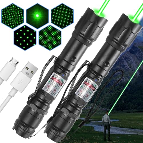 2-Pack Green Laser Pointers, Type-C Rechargeable with Pocket Clips | Single-dot and removable star cap, wrist strap, for outdoor journeys, camping, presentations and TV/LED/LCD screens