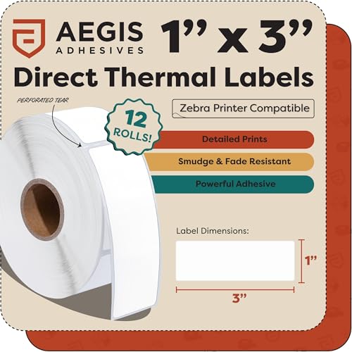 1" X 3" Direct Thermal Labels (6000 Count, 12 Rolls) - Barcode Stickers - size: 1" X 3"