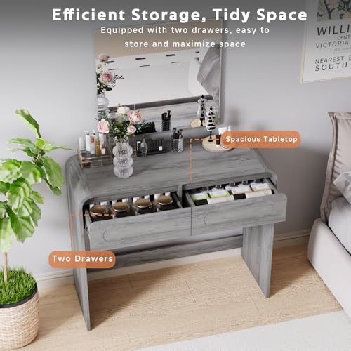 Vanity Desk, Makeup Vanity Desk with 2 Drawers and Storage Desktop Space | Modern Makeup Vanity Dressing Table with Curved Profile Design, Grey Makeup Computer Writing Desk for Home Office Bedroom - color: Grey, size: 15.7"D x 39"W x 32"H