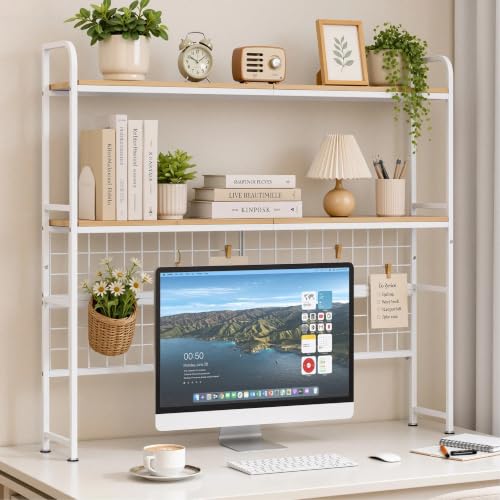 VECELO 2-Tier Desktop Bookshelf, Retro Brown Metal Desk Hutch with Grid Panel, 45.3 Inch Wide Countertop Storage Organizer for Bedroom & Dorm - color: Brown