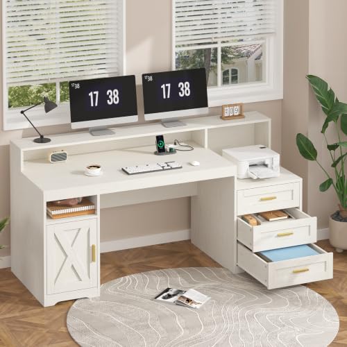 TVU 65" White Computer Desk with Drawers and Printer Stand for Home Office - color: White