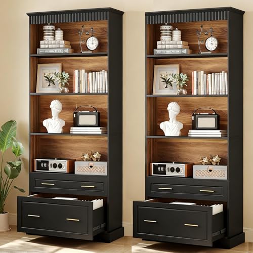 LITTLE TREE 72" Tall Black Bookcase, 5-Tier Office Bookself with File Cabinet Drawers,Modern Floor Standing Storage Filing Cabinet Book Shelf for Living Room,Bedroom(2 Piece,Black) - color: Black