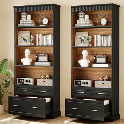 LITTLE TREE 72" Tall Black Bookcase, 5-Tier Office Bookself with File Cabinet Drawers,Modern Floor Standing Storage Filing Cabinet Book Shelf for Living Room,Bedroom(2 Piece,Black) - color: Black