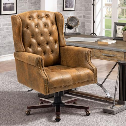 Upgraded 2026 Executive Desk Chair, Recliner Chair, Bomber Brown | Faux Leather Wingback Home Office Chair with Nail Head Trim & Tufted Back, Big and Tall Office Chair for Home and Living Room - color: Bomber Brown, style: Modern