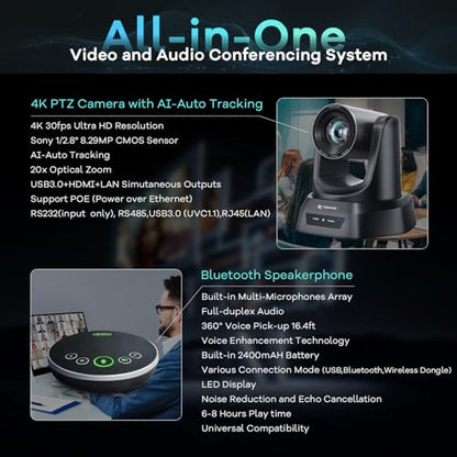 TONGVEO 4K AI Auto Tracking PTZ Conference Camera System with Bluetooth Speakerphone & Microphone, 20X Optical Zoom, USB3.0 HDMI LAN PoE Power Camera for Church Worship, Meetings, Streaming - color: Onyx
