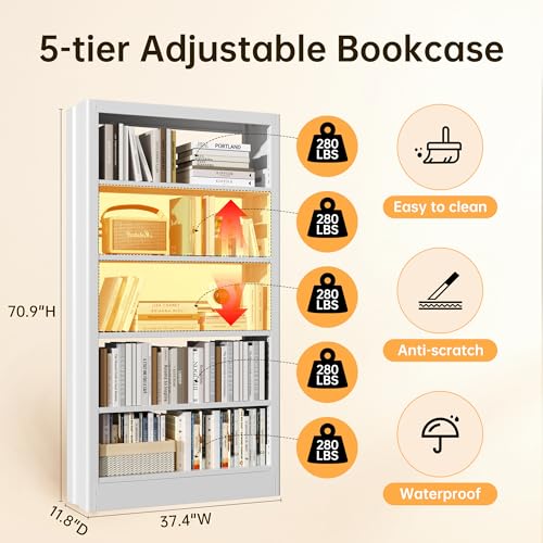 5-Tier Adjustable Bookcase, Heavy Duty Bookshelf with Book Stopper, Metal Bookcase for Library, Office, Living Room - color: White