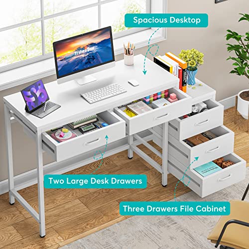 Little Tree Computer Desk with 5 Drawers, Home Office Desks with Reversible File Drawer Cabinet Printer Stand - color: White