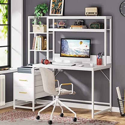 Tribesigns 55 Inch Computer Desk with 2 Drawers and Storage Shelves, Rustic Office Desk with Hutch, Study Writing Gaming Table Laptop Workstation for Home Office (White) - color: White