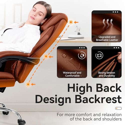 Office Chair, Executive Leather Chair Adjustable High Back, Ergonomic Computer Desk Chair Lumbar Support, Big and Tall Office Chair with Footrest, Comfy Reclining Chair for Home Office - color: Brown, style: With Footrest