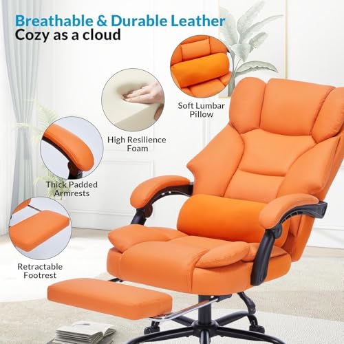 Office Chair with Foot Rest, Executive Office Chair with Arms, Reclining Computer Chair with Wheels and Lumbar Support, PU Leather Comfy Swivel Chair for Home Office