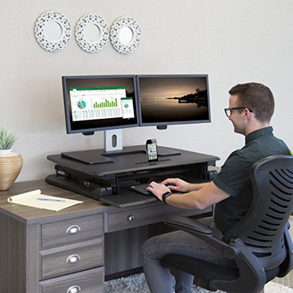 Seville Classics OFF65806 Airlift 36" Electric Height Adjustable Standing Desk Converter Workstation with 2.1A USB Charger Ergonomic Motorized Dual Monitor Riser Full Black - color: Electric Black