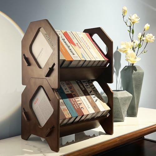 2 Pack Desktop Bookshelf, Stackable Book Organizer with Handle, storage rack for CD/Magazine/File Folder, Portable Small bookshelf for Study, Living room, Kid's room, No Nails, Medium Size - style: 2 Pack Brown Medium Size