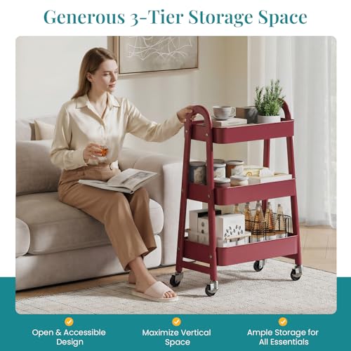 OLIXIS Metal 3 Tiers Rolling Storage Utility Cart with Lockable Wheels - color: Red, size: 3-Tiered 17 inches