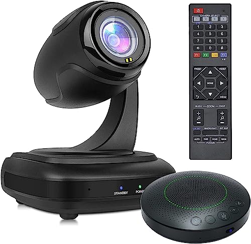 Conference Room Camera System, Wide-Angle 1080P PTZ Webcam with Wireless Bluetooth Speakerphone, 3X Optical Zoom, AI Tracking, Remote Control, for Conferencing Worship Church Education Medical