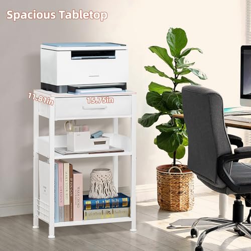 Lerliuo Printer Stand with Storage,3 Tier Home Office Organizer with Fabric Drawer,Industrial Style Printer Table for Printer, Scanner, Paper and Office Supplies - color: White