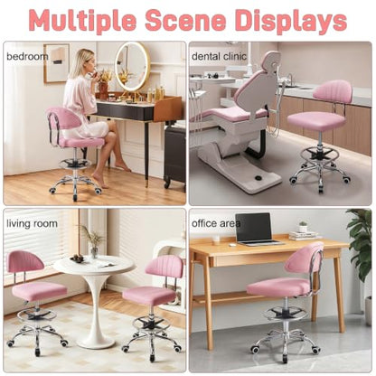 Height Adjustable Office Chair, 360-Degree Swivel Drafting Chair, Backrest, Foot Rest, 220lbs Load-Bearing, Ergonomic Rolling Computer, Lumbar Support, Home Studio Dental Salon Pink - color: Pink