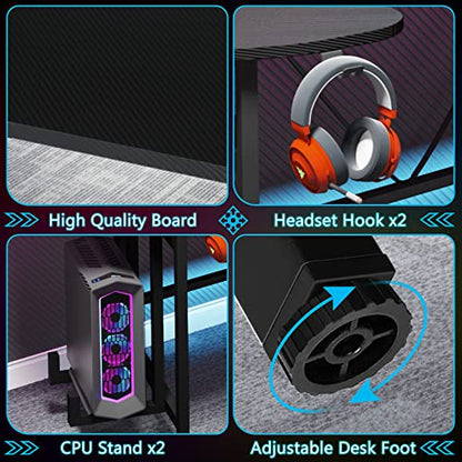 Tribesigns 75 Inch Gaming Desk with Monitor Shelf, Large PC Computer Desk with LED Lights, Gaming Table Gamer Desk for Bedroom, Home Office, Black