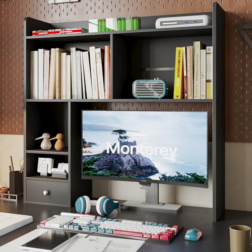 ChooChoo Desktop Bookshelf, 36.4" DormDesk Hutch with 5 Shelves | Countertop Desk Hutch, 1 Drawer,for Computer Desk, Desk Shelf Organizer, Dorm Office Home, White - color: Black, size: 5 Shelves