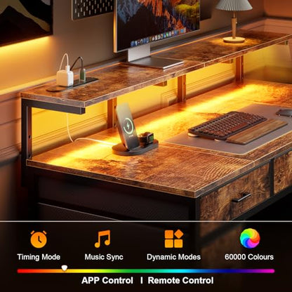 HLDIRECT 47 Inch Gaming Desk with LED & 8 Storage Drawers, Rustic Brown - color: Rustic Brown