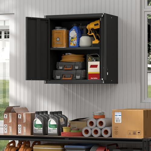 Steel Wall Cabinet, Metal Locking Wall Cabinet, Hanging Metal Cabinet for Garage Tool Storage, Wall Mount Tool Cabinet for Garage, Laundry Room, Office, Black - color: 28"h - Black