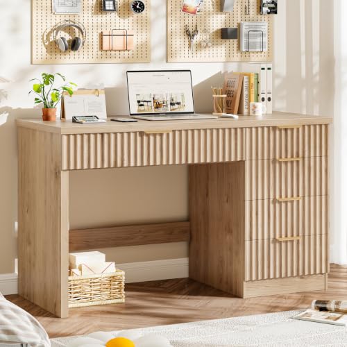 Vabches 47" Farmhouse Wooden Executive Desk with 5 Storage Drawers, Oak | Fluted Rustic Computer Desk, Office Home Workstation for Work, Study, Writing, Bedroom - color: Oak, size: 47"W Ⅱ