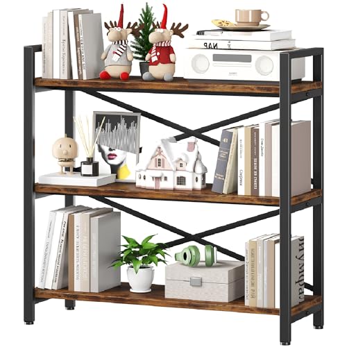 3 Tier Bookshelf 31.49" Width, Wood and Metal Etagere Bookcase, Vintage Farmhouse Modern Wooden Big Book Shelf for Home Living Room Bedroom Office Storage(Rustic Brown) - color: Rustic, size: 3 Tier - 31.5" W