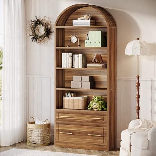Tribesigns 76.8" Tall Arched Bookcase with File Cabinet Drawer, Brown - color: Walnut Brown