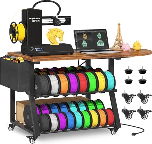 3D Printer Stand with Foldable Desktop & Fabric Drawer – Compact Rolling 3-Tier 3D Printer Table with Power Outlet & X-Bracket Stability for Small Spaces, Home, Workshop - color: Brown, size: 35.4" x 29.7" x 26" H
