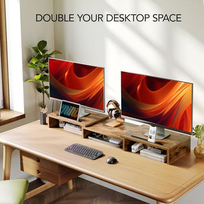 AMERIERGO Dual Monitor Stand Riser- 3 Shelf Screen Stand with Adjustable Length and Angle, 2 Extra Functional Slot Desktop Organizer Stand for PC, Computer, Laptop (Rustic Brown) - color: Rustic Brown