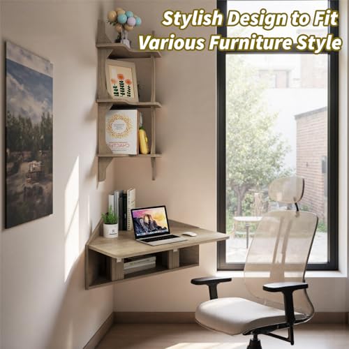 Pmnianhua Floating Corner Desk,Wall Mounted Table with Shelves,Folding Corner Shelf,Wall Corner Shelf for Small Space Computer(Rustic Grey)