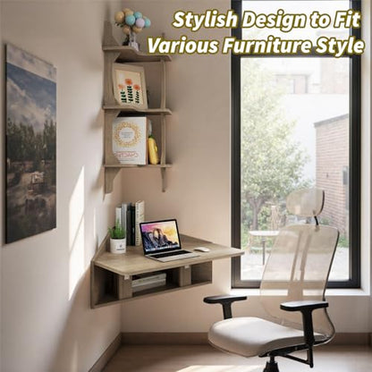 Pmnianhua Floating Corner Desk,Wall Mounted Table with Shelves,Folding Corner Shelf,Wall Corner Shelf for Small Space Computer(Rustic Grey)