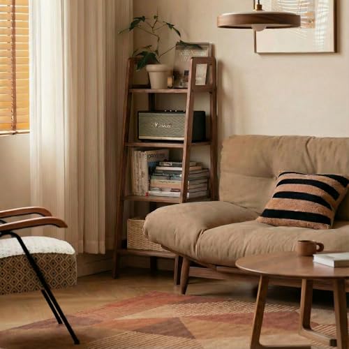 100% Solid Oak 4 Tier Ladder Shelf, Small Bookshelf, Ladder Bookshelf, Bookcase with Stable Frame, Small Table for Living Room Bedroom (Walnut,17.32" D x 16.53" W x 53.54" H) - color: Walnut Color, size: 4 Tier (17.32" D x 16.53" W x 53.54" H)