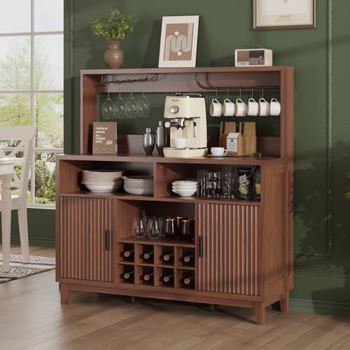 Fluted Buffet Cabinet with Storage, Modern Coffee Bar Cabinet, Walnut | Power Outlet, Removable Wine Rack, Glass Holder, Multi-Functional Accent Liquor Cabinet for Living Room, Entryway, Kitchen ﻿ - color: Walnut, size: Coffee Bar - 15.6"D x 47.2"W x 49.6
