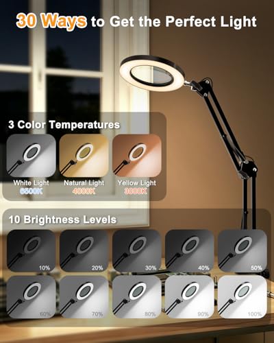 10X Magnifying Glass with Light and Clamp, ZAPLIT 4.3” Real Glass Lens Magnifier Desk Lamp, Metal Swing Arm LED Ring Light with 3 Color Modes & 10 Brightness Levels for Crafts Painting Nail Art Repair - style: Lamp with Clamp