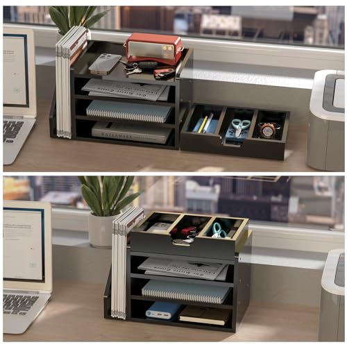 Multi-Tier Wood Desk File Organizer, 3 Tray Shelves & Adjustable Drawer - Space-Efficient Design for Efficient Office Setup, Reduces Desk Clutter (Black) - color: Black