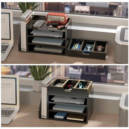 Multi-Tier Wood Desk File Organizer, 3 Tray Shelves & Adjustable Drawer - Space-Efficient Design for Efficient Office Setup, Reduces Desk Clutter (Black) - color: Black