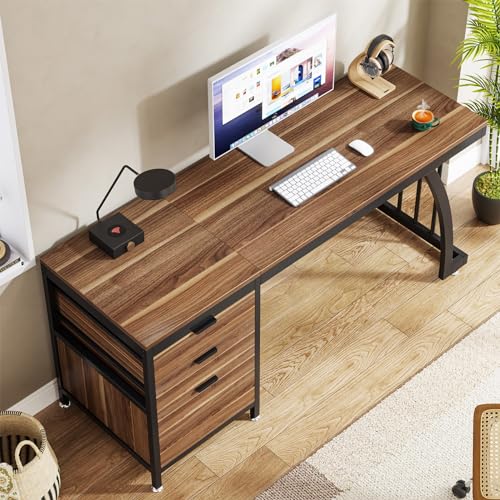 Tribesigns 59 Inch Computer Desk with 3 Drawers, Industrial PC Desk Study Writing Table Workstation with File Storage, Home Office Desks with Large Desktop and Metal Frame (Walnut) - color: Walnut